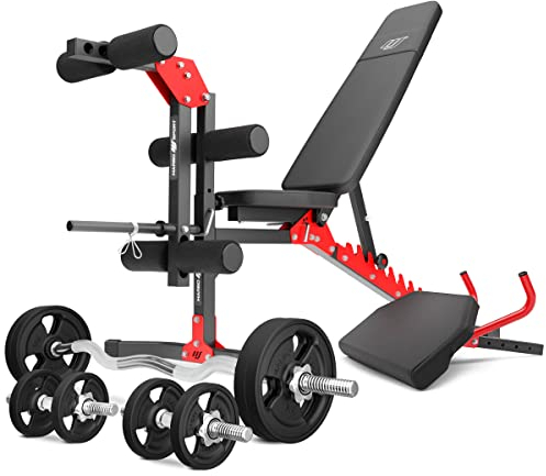 Marbo Sport MH1_68KG_Kier_G | Verstellbare multifunktionale Trainingsbank + Curl Pult Scott-Bank + Beintrainer + Hantelstangen/Gummierten Hantelscheiben Set 42 kg | Made in EU