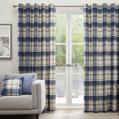 Fusion - Balmoral Check - Pair of Eyelet Curtains - 66 Width x 90 Drop (168 x 229cm) in Navy