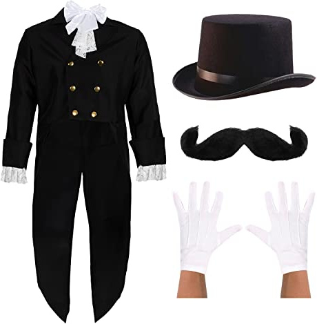 Posh Victorian Man Costume - Small - Black Victorian Jacket, White Cravat, Top Hat, White Gloves and Moustache - Historical Fancy Dress Costume