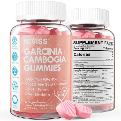 Sugar Free Garcinia Cambogia Gummies 1000mg 95% HCA with L-Carnitine, Raspberry Ketone, Chromium, Green Coffee Bean for Metabolism, Energy Boost, 100% Organic Extract, Vegan, Strawberry Flavor 120 Cts