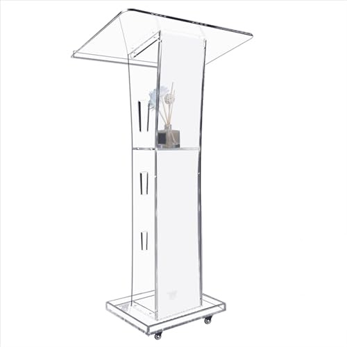 Afitdon Podio Acrilico, Trasparente in Acrilico con Ruote e scaffalatura di archiviazione, pulpito Chiesa con Luce LED a 15 Colori, Supporto per podio per Chiesa, conferenza, Matrimonio, Aula