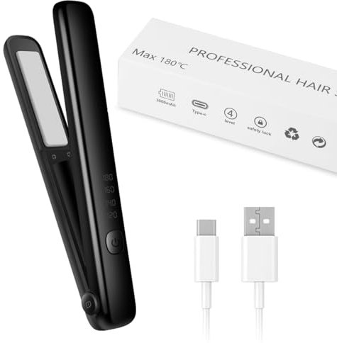 LOMUG Glätteisen Kabellos, 2 in 1 Glätteisen Locken und Glätten, Tragbarer Kabelloser Haarglätter, Reise Mini Haarglätter mit USB-Aufladung LCD-Display Glatteiseisen für Kurze Haar und Langes Haar