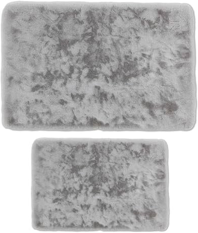 Mixibaby Badematten-Set 2-teiliges Weiche Badezimmerteppiche rutschfestes Schnell trocknend maschinenwaschbar Für Bad Dusche & WC 50x80 cm + 50x40 cm, Größe:50 x 80 cm + 50 x 40 cm, Farbe :Silber