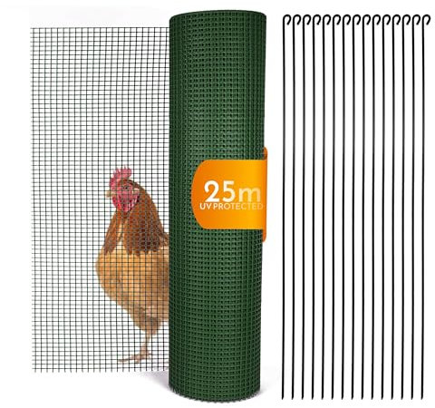 POLYMERNET Hühnerzaun 25m lang | 90cm hoch | Freilaufgehege Hühner mit 15 Befestigungsstäben | Mobiler Zaun für Kleintiere | Engmaschiger Geflügelzaun