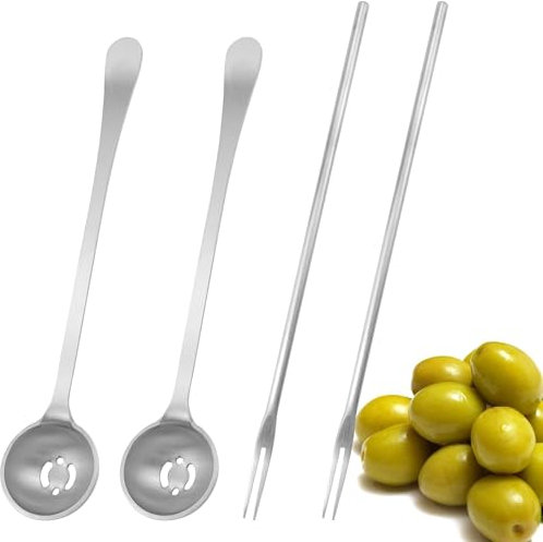 4 cucchiai da 18 cm per olive e sottaceti, forchetta per sottaceti, forchetta per sottaceti, in acciaio inox, manico lungo, cucchiaio da portata, per cucina, cibo, oliva, pepe