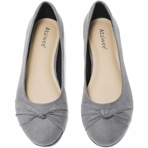 Ataiwee Women's Wide Width Flats Shoes - All-Season Slip-On Round Toe Shoes with Cute Bow Embellishment.(1910004-2412, GR/MF, UK7.5 Wide)