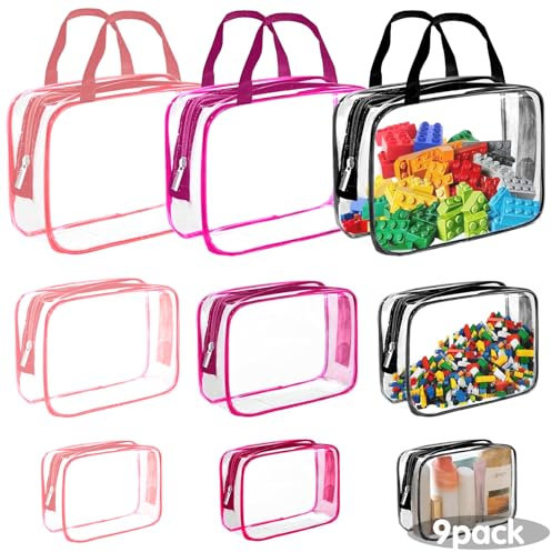 Reofrey 9 Pcs Clear PVC Toy Storage Bags with Zipper, 3 Sizes Multi-Purpose Storage Bag with Handles, 3 Colors Toy Organizer Travel Bag Wash bag, Puzzle Storage, Clothes Cosmetic Organizer