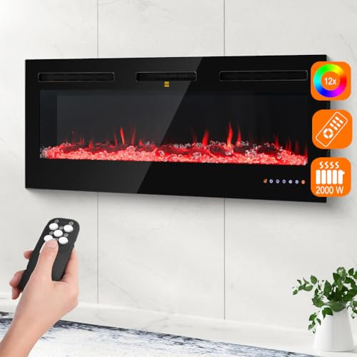 BAKAJI Camino Elettrico da Parete Incasso a Muro, Elettrocamino 3D con 12 modalità di colore LED Effetto Fiamma, Silenzioso Design Moderno, Stufa a Parete 52 Effetto Fuoco Naturale (Livigno 132 cm)