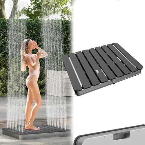 Froadp Douche de jardin - Douche de camping - En aluminium et WPC - Couleur bois - Avec surface antidérapante - 55 x 70 cm - Résistant aux intempéries - Aspect bois - Douche extérieure pour tuyaux
