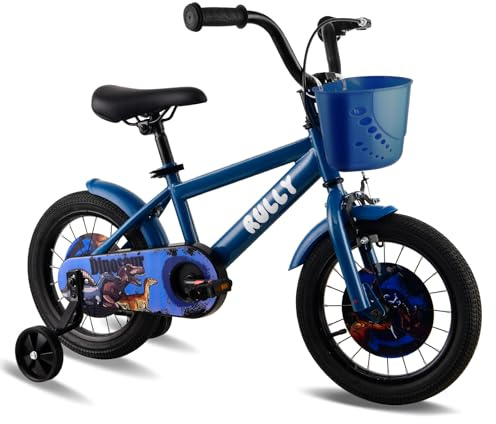 RULLY Dinosaur Bicicletta da ragazzo 16 pollici per bambini dai 4 ai 7 anni, Verde, con ruote di supporto rimovibili, freno a contropedale e freno a mano, cestino