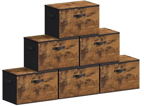 SONGMICS Cajas de Almacenamiento Plegables, Juego de 6 Organizadores en Cajas con Tapas y Asas, para Ropa, 50 x 30 x 30 cm, Tejido de Tela No Tejida, Marrón Rústico RYZ050BH03