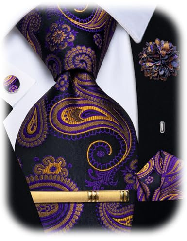 YourTies Purple Gold Tie for Men Silk Paisley Mardi Gras Necktie Pocket Square Cufflinks Tie Clip Lapel Pin Set Wedding Business