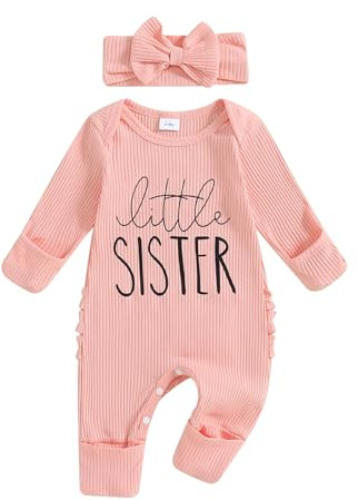 Geagodelia Baby Girl Romper + Headband Baby Grows Newborn Clothes Outfit One Piece Autumn Spring Jumpsuit Overall (Little Sister - Pink, Newborn)