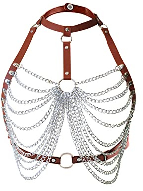 Femme Lingerie Erothique Sexy Tenue Pute Ouvert Punk PU Cuir Multicouche chaîne Soutien-Gorge chaîne métal Corps î Tenue Sexy Femme Grande Taille érotique Bas Noir (Brown, One Size)