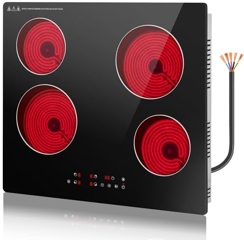 GRACEALL Placa Vitrocerámica 60 cm 4 Zonas, 6000W Placa Eléctrica con Control Táctil, 9 Niveles de Potencia, Temporizador, Pausa, Mantener Caliente, Bloqueo Infantil, Uso Empotrado o Sobremesa