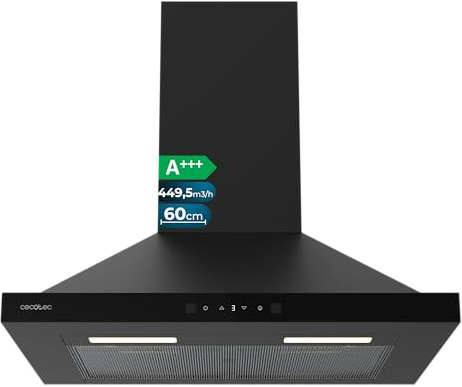 Cecotec Cappa Aspirante Piramidale 60 cm Bolero Flux PT 604400 Black A+++. Vetro Frontale Nero, Aspirazione 449,5 m³/h, Controllo Touch Invisibile, Funzione Booster, Filtri Lavabili, Classe A+++