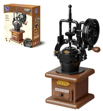 PANTASY Kaffee Mühle Klemmbausteine Set, Vintage Handkurbel Kaffeemühle mit beweglichen Zahnrädern und Kaffeebohnen, Retro Mechanik Modell mit Mini Café Szene, Deko und Geschenk