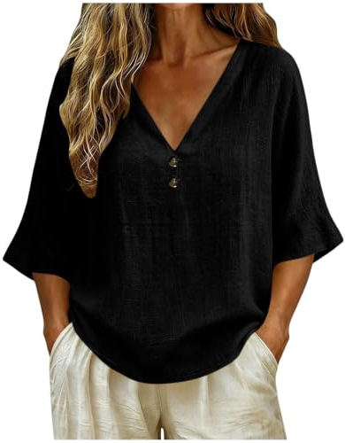 Dam linneskjorta sommarblus V-ringad lös topp med knappar linne look tunika 3/4 ärm skjorta ledig enfärgad fritid topp bekväma streetwear vardagskläder