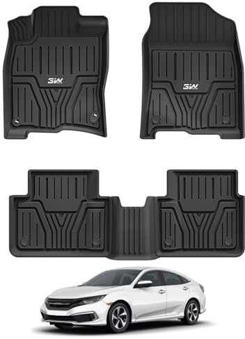 3W Floor Mats Fit for Honda Civic Sedan 2016-2021 & Hatchback 2017-2021 & Coupe 2016-2020, Custom Fit Floor Liner for 1st 2nd Row Full Set TPE All-Weather Car Liners