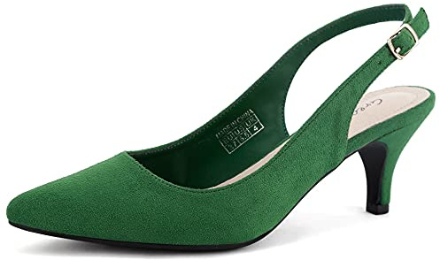 Greatonu Womens Court Shoes Low Kitten Heels Slingback Pointed Toe Dress Pumps Green