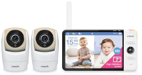 VTech VM919-2HD 2-CAM Video Monitor with Battery Support 15-HR Streaming, 7 720p Display, 360 Panoramic Viewing, 110 Wide-Angle View, Night Vision, Up to 1000ft Range, Secured Transmission