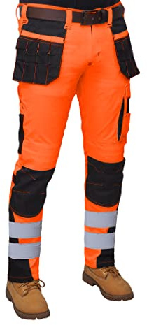 HASHOOB TRADING FZE Men’s Hi Vis Trousers high Visibility Cargo Workwear Soft Heavy Duty Multi Pocket Easy Care Pants Reflective Tape Work Trousers (ORANGE1, 34W X 32L)