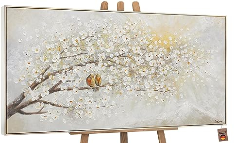 YS-Art Pintado en acrílico paisaje primaveral Amanecer Pintura hecha a mano árboles en flor Bellas flores blancas con marco 100x50 cm