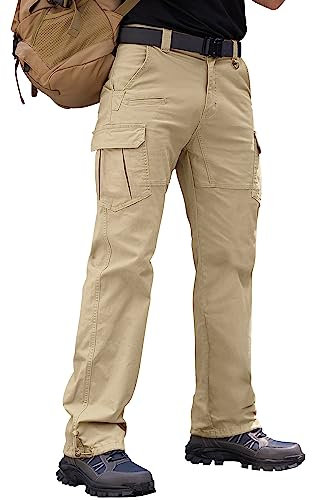Vthereal Cargohose Herren Baumwolle Outdoorhose mit 7 Taschen Männer Arbeitshosen Chino Taktische Ranger Hose für Jagd Wandern, Khaki, M