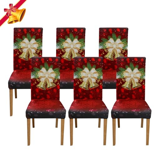Jaotto Housse de Chaise Noël Lot de 6 Housse de Chaise Salle à Manger Extensible,Couverture Universelle Lavables pour Décor Salle à Mangerde Noël Festival(Motif Cloches)
