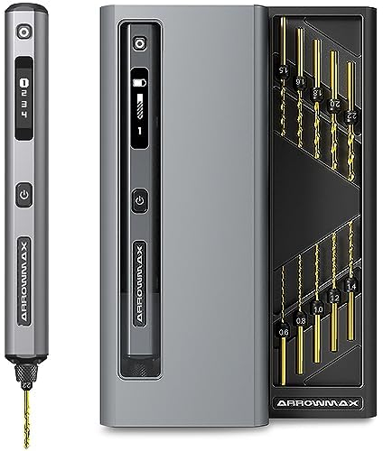 5-Speed Electric Mini Drill Pen, ARROWMAX 10 Small Drill Bits with Aluminium Box, OLED Display, LED Lights, Resin Drill Set for Jewelry Making,Plastic,Wood (SDS Ultra)