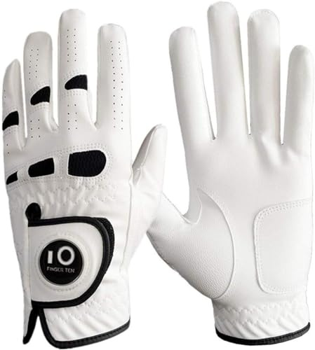 FINGER TEN Guantes de golf para hombre, mano izquierda y derecha, con marcador de pelota, de cuero Cabretta, paquete económico, guantes de golf resistentes al desgaste (blanco, XXL, derecho)