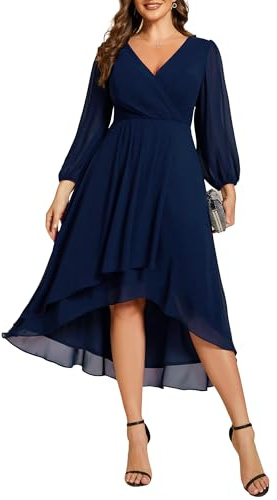 Vestido De Cóctel para Mujer Cuello En V Manga Larga Vestido De Navidad Vestido De Línea para Fiesta Azul Marino 40