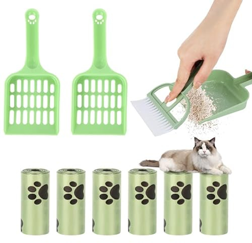 3 Stück Katzenschaufel Für Katzenklo, Tragbarkeit Katzenstreuschaufel Mit Langer Griff & 6 Rollen Katzen Abfallsäcken, Klein Besenset, Katzenklo Schaufel Cat Litter Scoop Für Haustier Katzen Hunde