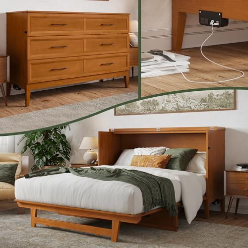 AFI, Santa Fe Queen Murphy Bed Chest with 6 Mattress & Built-in USB Charger, Light Toffee