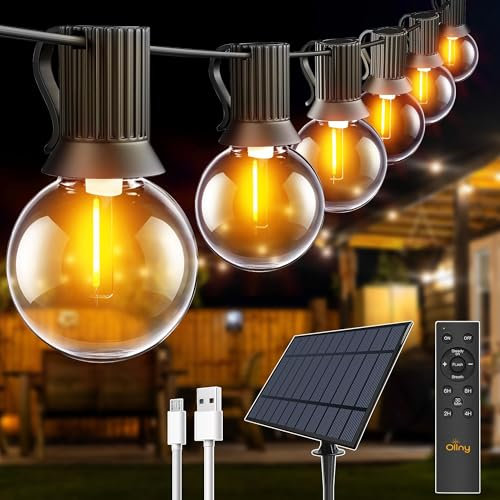 Ollny Solar Lights Outdoor Garden 20m Waterproof Festoon Light with Remote, USB LED String with 3 Modes 30+2 G40 Shatterproof Bulbs, Lighting for Outside Pergola Gazebo Patio Yard Porch Party Decor