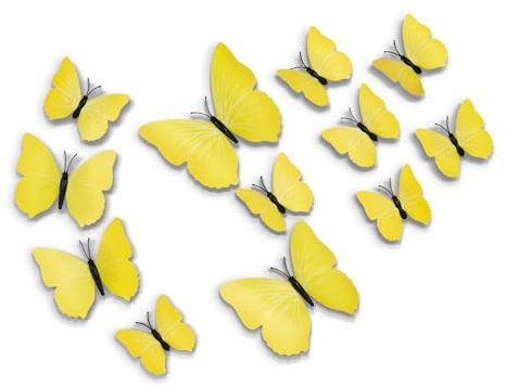 FuninCrea 24 adesivi da parete con farfalla 3D, impermeabili, simulazione a farfalla, frigorifero, magnetici con nastro adesivo, decorazione da parete per camera da letto (giallo)