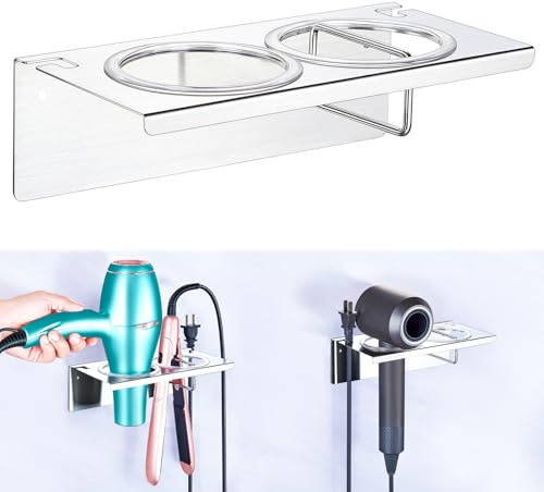 XILIMEN Hair Dryer and Straightener Holder Wall Mounted, Stainless Steel Hairdryer and Curling Tong Storage Organiser Stand for Dressing Table Bathroom, Silver