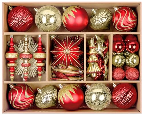 SHareconn 80pcs Christmas Balls Ornaments Set, Contemporary Light Luxury Gift Set, Shatterproof Plastic Decor for Xmas Tree Holiday Wedding Party Decorations with Hanging Strings, Red and Gold