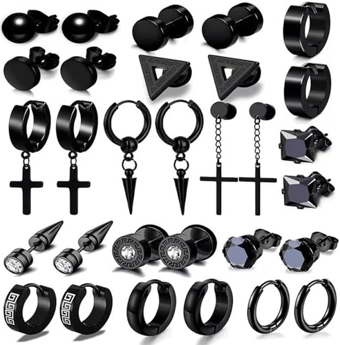 JSTHHTT 15 Paires Boucles d'Oreilles Homme, Pendantes Croix pour homme, Piercing Cartilage Boucles d'Oreilles Noires