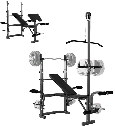 SPORTNOW Adjustable Weight Bench with Bench Press Rack, Preacher Curl Bench, Leg Extension and Lat Pull Down Machine, Incline or Flat Workout Bench for Home Gym Strength Training Weight Lifting