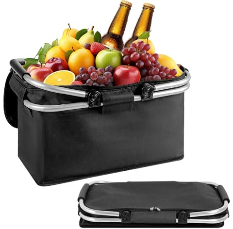 Lotvic Panier de courses pliable, 18 litres, sac isotherme, baguettes en aluminium, poignées et fermeture éclair, voyage, pique-nique