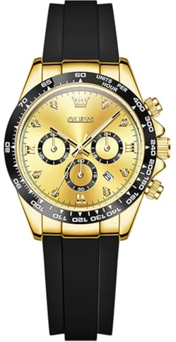 OLEVS Gold Watches for Women Chronograph Luxury Diamond Female Watch Black Silicon Strap Waterproof Luminous Gift Watches for Ladies
