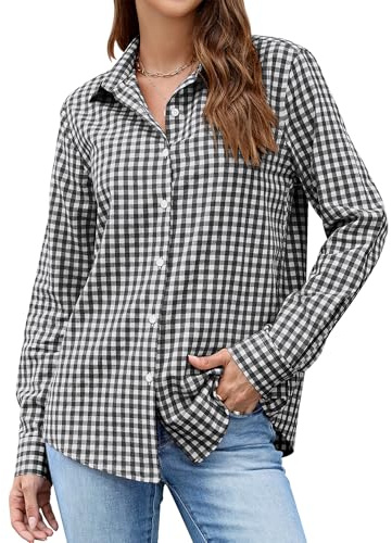 LOMON Button Down Shirt for Women Spring Summer Tops Long Sleeve Gingham Plaid Collared Business Dressy Casual Blouses (Black Plaid, S)