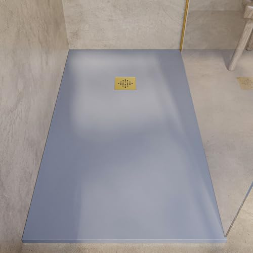 SOULBATH Plato de Ducha - Resina - Gel Coat - Textura Liso/Piedra - Antideslizante - Color Gris - 140x80- Extraplano 3cm. Incluye Válvula de desagüe - REJILLA GOLD