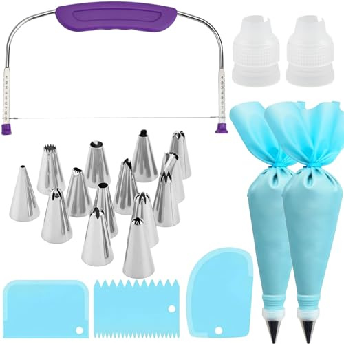 Mtbricey 27,3 x 15,8 cm / 10,7 x 6,2 pollici viola regolabile in filo di acciaio inossidabile per tagliare torte con manico antiscivolo e blu 21 pezzi raschietto crema per livellare utensili da cucina