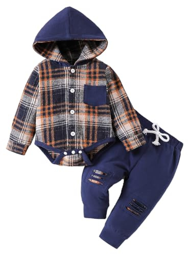 LUVCES Vestiti Set per Neonati Maschi Tutina con Cappuccio a Maniche Lunghe a Quadri+ Pantaloni Lunghi a Blocchi di Colore Primavera Autunno Abiti Blu a scacchi 3-6 Mesi