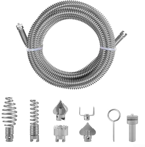 Pipe Cleaning Spiral 3 m Steel Drain Cleaner with 6 Interchangeable Cutting Heads Flexible Design for Electric Pipe Cleaning Machine Deep Plumbing Blockage Removal(C)