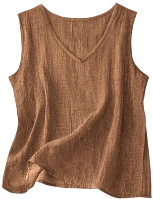 Débardeur Femme en Lin et Coton Haut sans Manches Col en V Décontracté Été Blouse Ample Respirant pour Le Quotidien et Le Travail