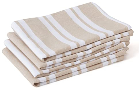 Encasa XO Paños de Cocina 28x18 in 70x45 cm (Juego de 4 Piezas) Acabado Antibacteriano, algodón orgánico, Altamente Absorbente para la Limpieza de Platos - Franca Franja de Beige