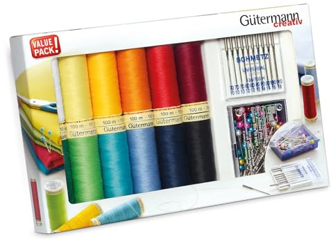 Gütermann creativ Nähfaden-Set mit 12 Spulen Allesnäher 100 m in starken Farben + Stecknadeln von PRYM und Nähmaschinennadeln von SCHMETZ
